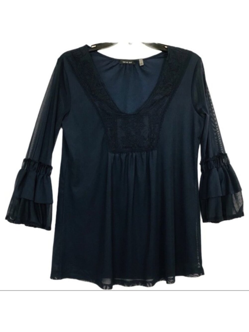 Verve Ami Boho Top Navy Blue Tunic Embroidery Bell Sleeves V Neck Size M